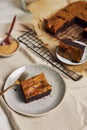 Closeup of a piece of freshly baked delicious pumpkin swirl brownie on a plate Royalty Free Stock Photo