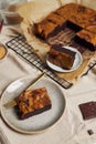 Closeup of a piece of freshly baked delicious pumpkin swirl brownie on a plate Royalty Free Stock Photo