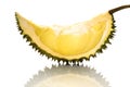 Closeup piece ripe durian monthong in Thailand, isolate on white background with shadow reflect. Fruits Concept