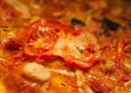 Closeup piece of tomato pizza