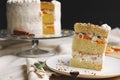 Closeup of a piece of white delicious Christmas cake with nuts and mandarine Royalty Free Stock Photo