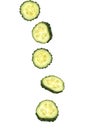 Closeup of pieces of fresh ripe green cucumber falling down on white background Royalty Free Stock Photo