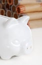 Closeup piggy bank with coin rolls