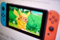 Closeup on Pikachu on Nintendo Switch video game console Royalty Free Stock Photo