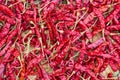 Closeup Pile of air-dried red chili peppers background. Hot and spicy dry red chillies. Royalty Free Stock Photo