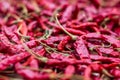 Closeup Pile of air-dried red chili peppers background. Hot and spicy dry red chillies. Royalty Free Stock Photo