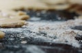 Closeup of a pile of flour and dough for cookies on a table