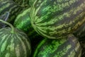 Closeup pile of green peel watermelons in the market. Watermelon from an organic agriculture farm. Tropical juicy flesh fruit. Royalty Free Stock Photo