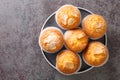 Closeup of a pile of magdalenas the typical spanish plain muffins in the plate. Horizontal top view Royalty Free Stock Photo