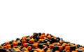 Closeup pile of orange-black capsule pills on white background. Vitamins and supplements. Pharmaceutical industry. Global