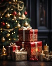 Closeup of a pile of presents on a table with a tree in the back