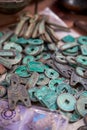 A closeup of a pile of rusty ancient Chinese coins Royalty Free Stock Photo