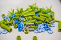 Closeup of a pile of scattered children\'s building blocks