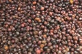 Closeup of a pile of shiny brown olives in a market