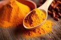 closeup of a pile of turmeric powder on a spoon