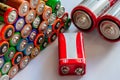 Closeup of pile of used alkaline batteries. Several in rows Royalty Free Stock Photo