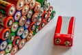 Closeup of pile of used alkaline batteries. Several  in rows Royalty Free Stock Photo