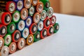 Closeup of pile of used alkaline batteries. Several  in rows Royalty Free Stock Photo