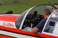 Closeup of a pilot in the Airplane in the show at Hangariada - aeronautical festival in Iasi