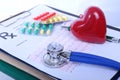 Closeup of a pils, red heart. stethoscope, pen on an rx prescription. Royalty Free Stock Photo