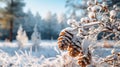 Closeup of pine cones in a snowy pine forest Royalty Free Stock Photo