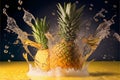 Closeup of pineapple and the juice splashes isolated on a dark background Royalty Free Stock Photo
