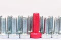 Closeup of pink bolt n a group of galvanized metallic screws. Leadership, individuality, dissimilarity concept Royalty Free Stock Photo