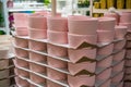 Closeup of pink ceramics pots collection in store Royalty Free Stock Photo
