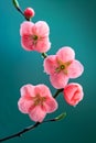 Closeup pink flowers with droplets of water on them. Blossom quince branch