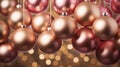 Closeup Pink, Gold Christmas Hanging Baubles. Collection of New Year Balls, Background