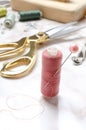 Closeup of pink spool of thread, sewing pin, golden scissors and other tailor tools on the table Royalty Free Stock Photo