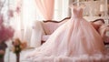 Closeup pink wedding dress in bridal room background. Banner. Front view of stylish dress for wedding day. Beautiful clothes for Royalty Free Stock Photo