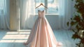 Closeup pink wedding dress in bridal room background. Banner. Front view of stylish dress for wedding day. Beautiful clothes for Royalty Free Stock Photo