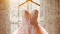 Closeup pink wedding dress in bridal room background. Banner. Front view of stylish dress for wedding day. Beautiful clothes for Royalty Free Stock Photo