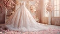 Closeup pink wedding dress in bridal room background. Banner. Front view of stylish dress for wedding day. Beautiful clothes for Royalty Free Stock Photo