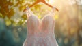 Closeup pink wedding dress in bridal room near garden background. Banner. Front view of stylish dress for wedding day. Beautiful Royalty Free Stock Photo