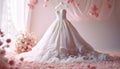 Closeup pink wedding dress in bridal salon room background. Banner. Front view of stylish dress for wedding day. Beautiful clothes Royalty Free Stock Photo