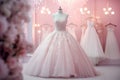 Closeup pink wedding dress in bridal salon room background. Banner. Front view of stylish dress for wedding day. Beautiful clothes Royalty Free Stock Photo