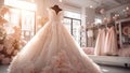 Closeup pink wedding dress in bridal salon room background. Banner. Front view of stylish dress for wedding day. Beautiful clothes Royalty Free Stock Photo