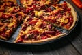 Closeup pizza with salami, sweet pepper, tomatoes, cheese and tomatoes in a metal dish on a wooden table