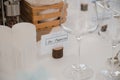 Closeup of a place setting with name tag on table at wedding banquet. Royalty Free Stock Photo