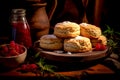 Closeup Plain scone with raspberries and raspberry jam ready to serve for afternoon tea Generative AI