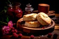 Closeup Plain scone with raspberries and raspberry jam ready to serve for afternoon tea menu Generative AI