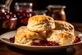 Closeup Plain scone with raspberry jam in dish. Bakery food afternoon tea Generative AI