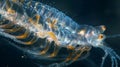 A closeup of a planktonic larvae its transparent body revealing its delicate internal structures as it floats a the