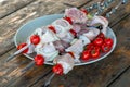 closeup on a plate appetizing meat shish kebab on a table