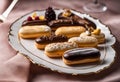 Closeup of a plate of assorted desserts topped with various types of icing, AI-generated.