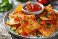 closeup of a plate of delicious crispy nachos with hot sauce