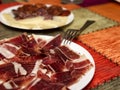 Closeup plate of delicious spanish serrano ham Royalty Free Stock Photo