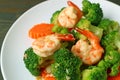 Closeup a plate of prawn stir fried with broccoli garlic and carrot
